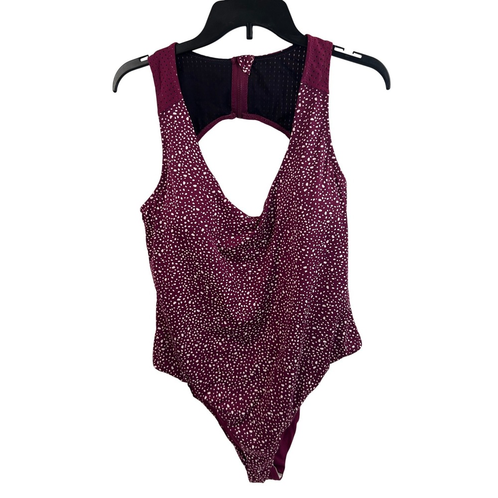 Nike Swimsuit One Piece XL Burgundy White Dot Cowl Neck Mesh Back Womens NWT